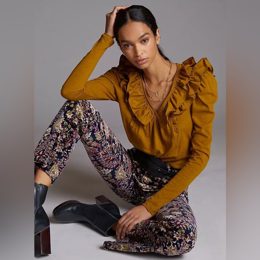 Anthropologie Mustard Ruffle Top